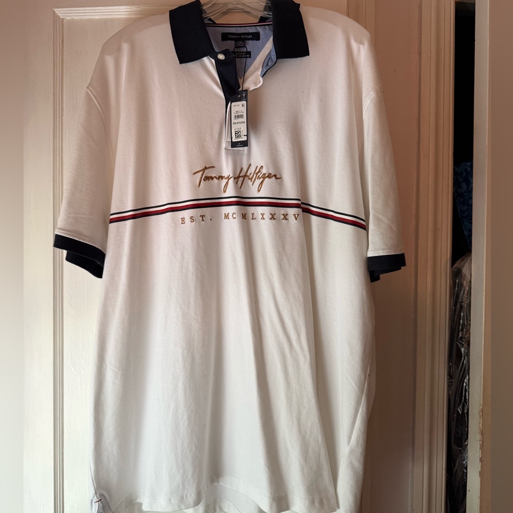 NEW! Tommy Hilfiger Navy and White Polo Shirt with Stripe Detail Size XXL